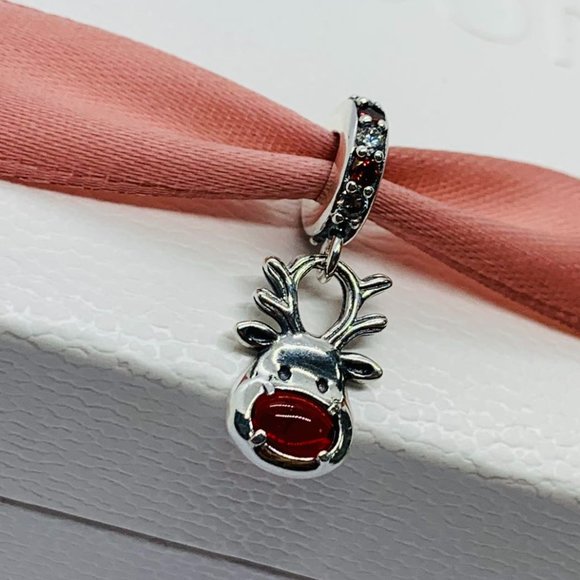 Pandora Red Nose Reindeer Murano Dangle Charm "Let your light shine" Pendant - Picture 1 of 10